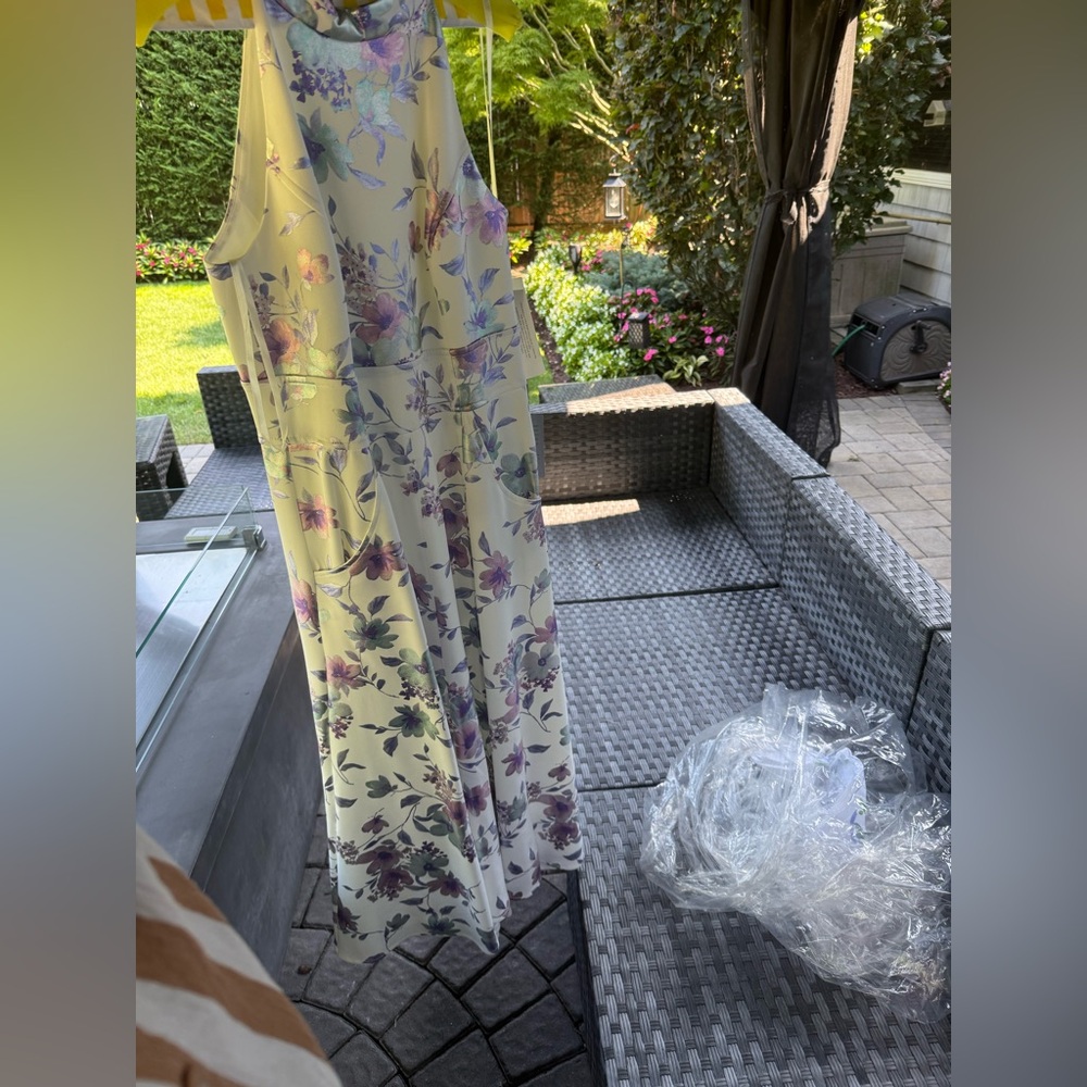 Eliza J Cream Dress with Purple and Green Floral Design